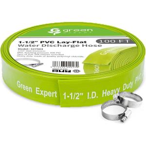 imageGreen Expert 2 inch ID Lay Flat Discharge Hose 50 feet with Clamps Reinforced PVC Water Drain Hose Heavy Duty for Sump Pumps Quickly Water Removal Pool Backwash Filter Accessory Green100FT 15 ID