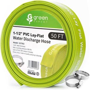 imageGreen Expert 2 inch ID Lay Flat Discharge Hose 50 feet with Clamps Reinforced PVC Water Drain Hose Heavy Duty for Sump Pumps Quickly Water Removal Pool Backwash Filter Accessory Green50FT 15 ID