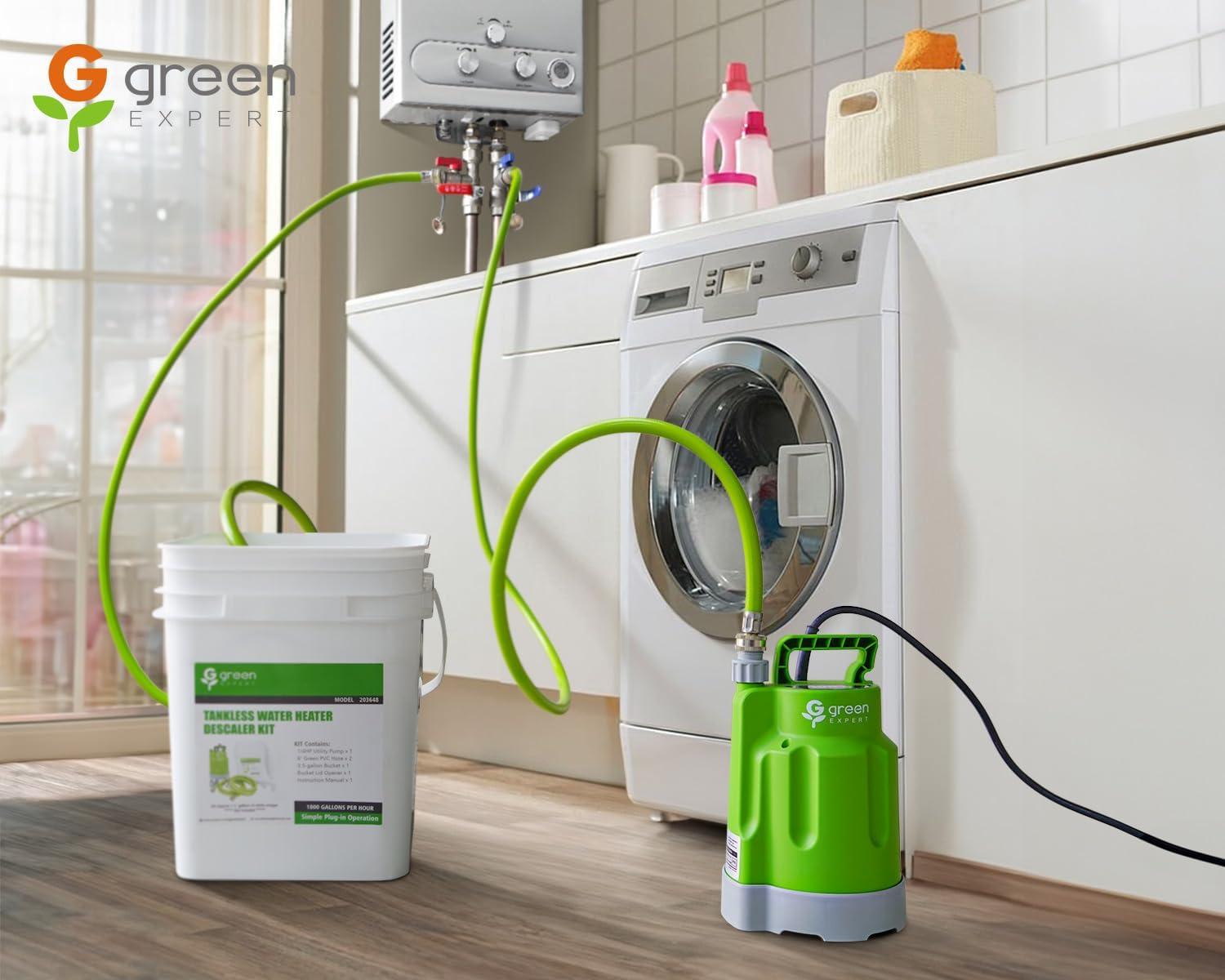 imageGreen Expert AllinOne Tankless Water Heater Flush Kit Includes 14HP Utility Pump 2xPVC Hoses 35 Gallon Pail with Opener Quick Start for Efficient Cleaning Full Corrosion Resistant Accessory