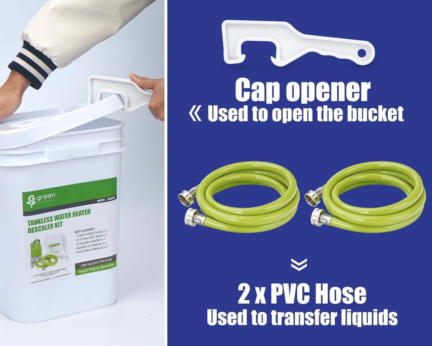 imageGreen Expert AllinOne Tankless Water Heater Flush Kit Includes 14HP Utility Pump 2xPVC Hoses 35 Gallon Pail with Opener Quick Start for Efficient Cleaning Full Corrosion Resistant Accessory