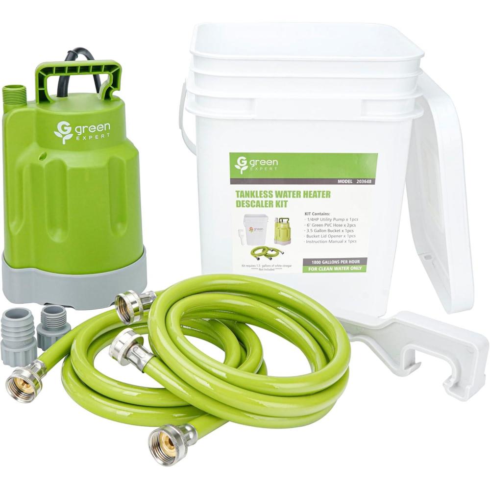 imageGreen Expert AllinOne Tankless Water Heater Flush Kit Includes 14HP Utility Pump 2xPVC Hoses 35 Gallon Pail with Opener Quick Start for Efficient Cleaning Full Corrosion Resistant Accessory