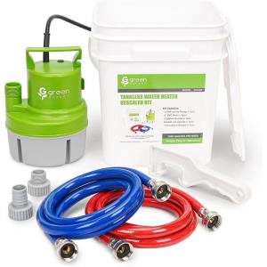 image:imageTankless Water Heater Flushing Kit 6in1 Descaling Kit with 13HP Utility Pump 3Gallon Bucket wLid Opener 26ft 34 GHT RedampBlue PVC Hoses Wrench amp Adapter for Isolation Valves
